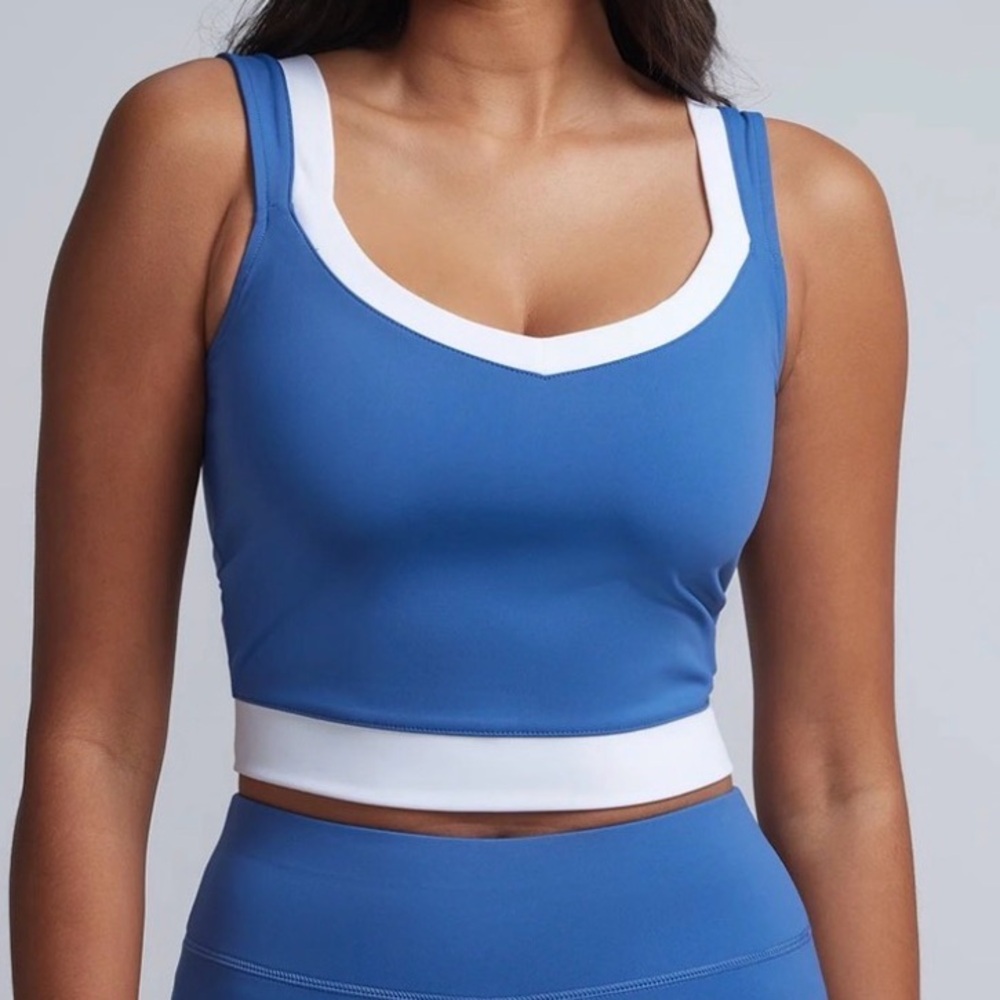 New York & Company Blue and White V-Neck Crop Top